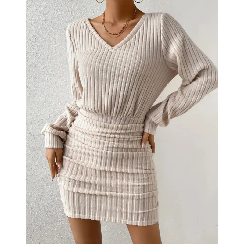Outono inverno malha mini camisola vestido feminino casual sólido envoltório hip com decote em v manga longa quente bodycon vestidos curtos