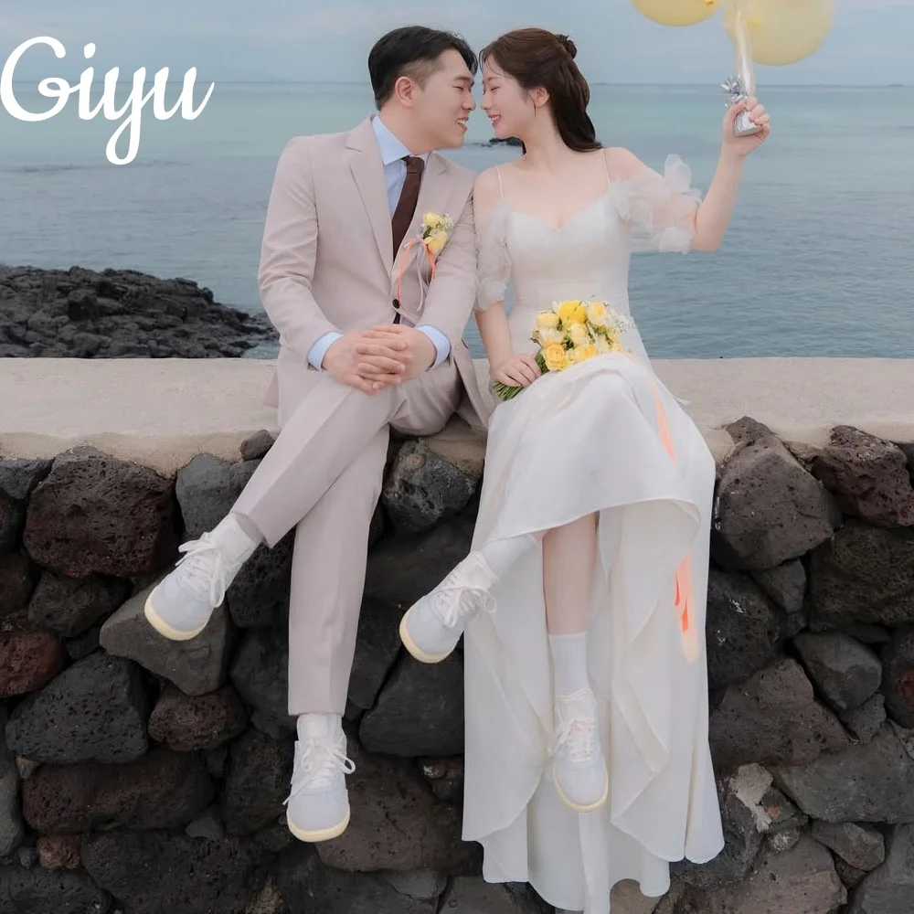 Giyu فستان زفاف أنيق بدون أكتاف حورية البحر فستان زفاف ذاكرة الزفاف بأكمام قصيرة لالتقاط الصور الكورية بطول الأرض حسب الطلب