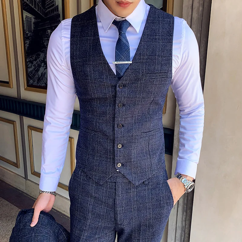 

F0193 Plaid suit vest men's suit Korean style groom best man dress trend slim British style suit vest