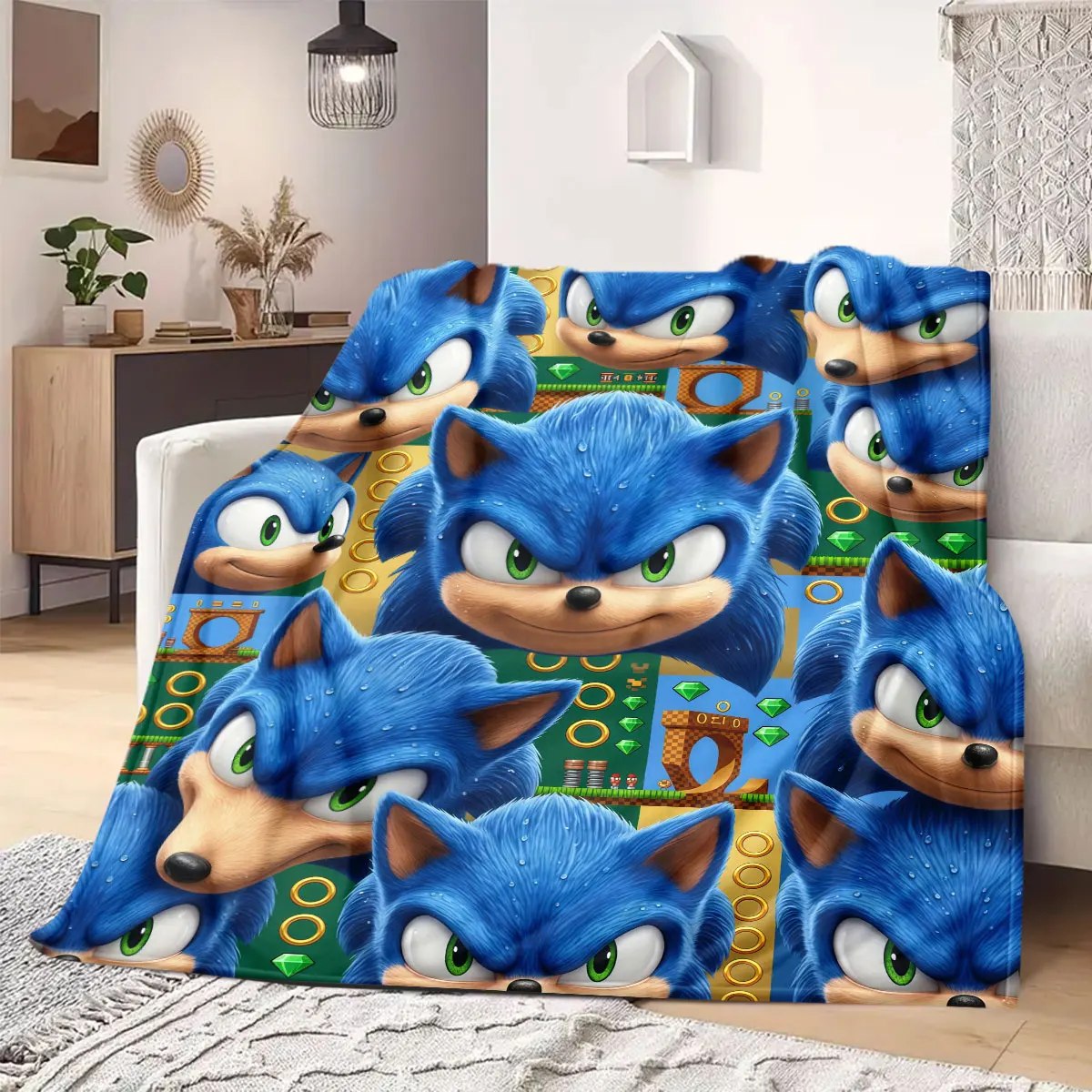 Hedgehog Sonic Flanelldecke mit einzigartigem Aufdruck, Cartoon-Design für Sofa, warme, bequeme Bettwäsche für Schlafzimmer und Reisen_LIAN