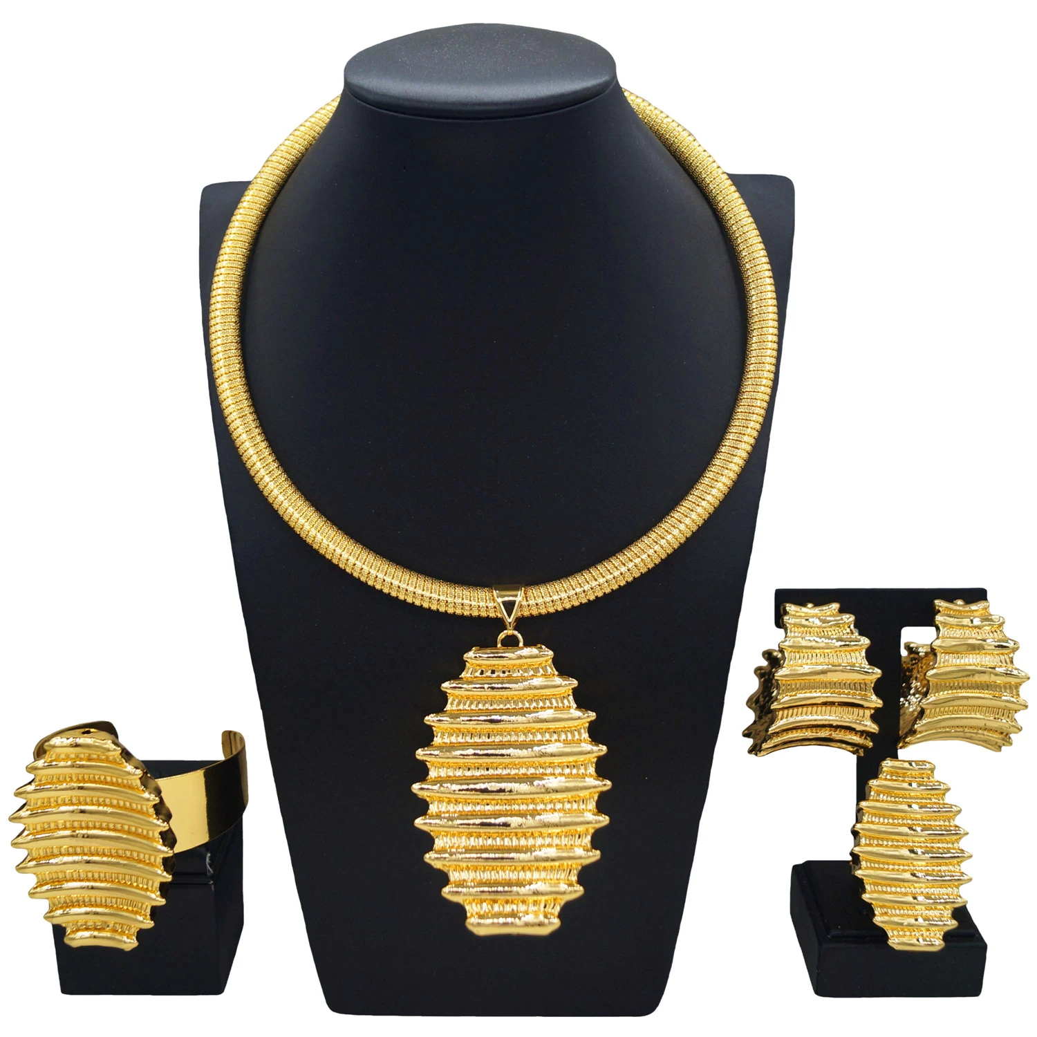 

New Trendy Dubai 24K Gold Plated Necklace Earrings for Women's Wedding Party Jewelry Set High Quality Women Rings