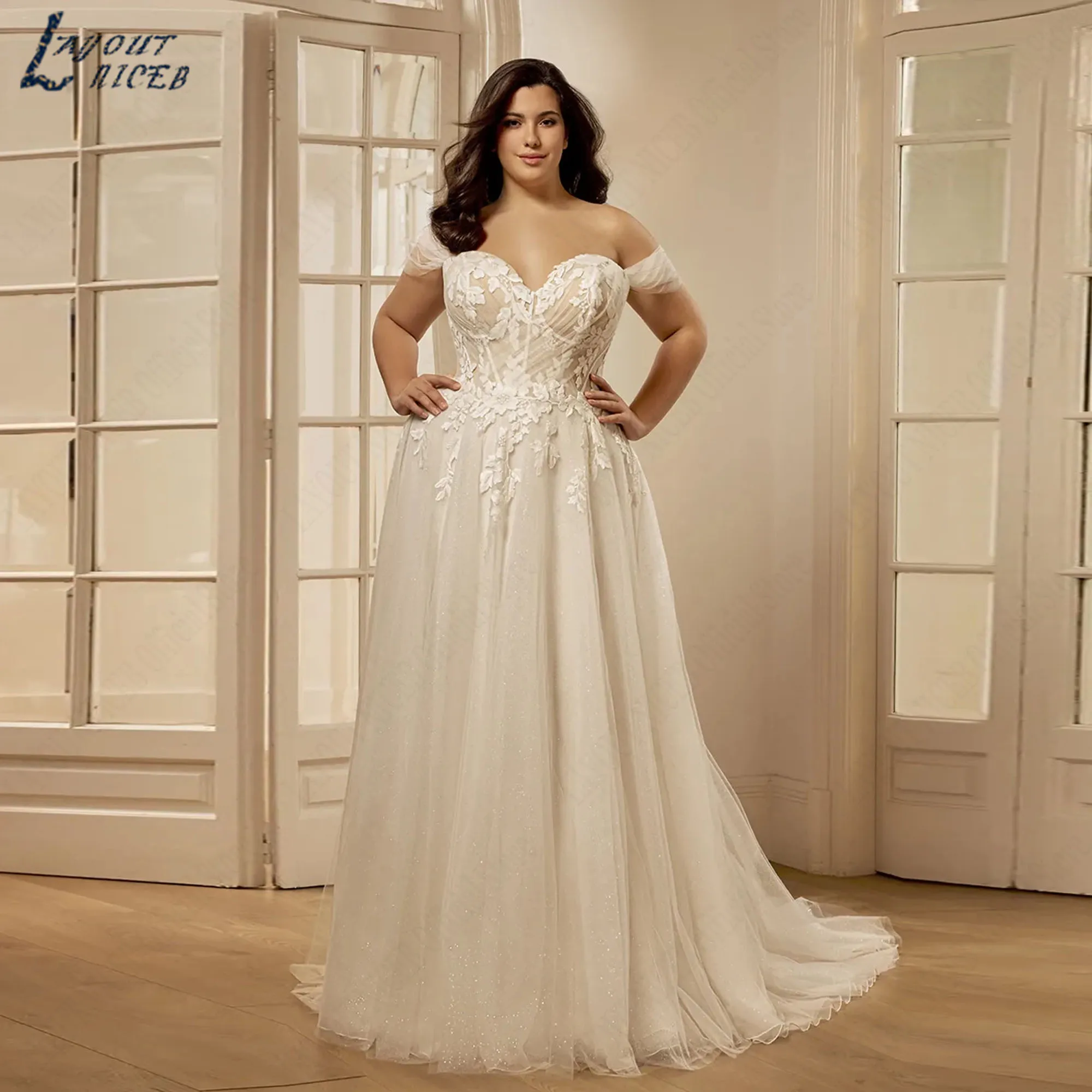 Plus Size Wedding Dress Off Shoulder A-line Glitter Tulle Bridal Gown Appliques Sweetheart Romantic vestidos de novia Customized