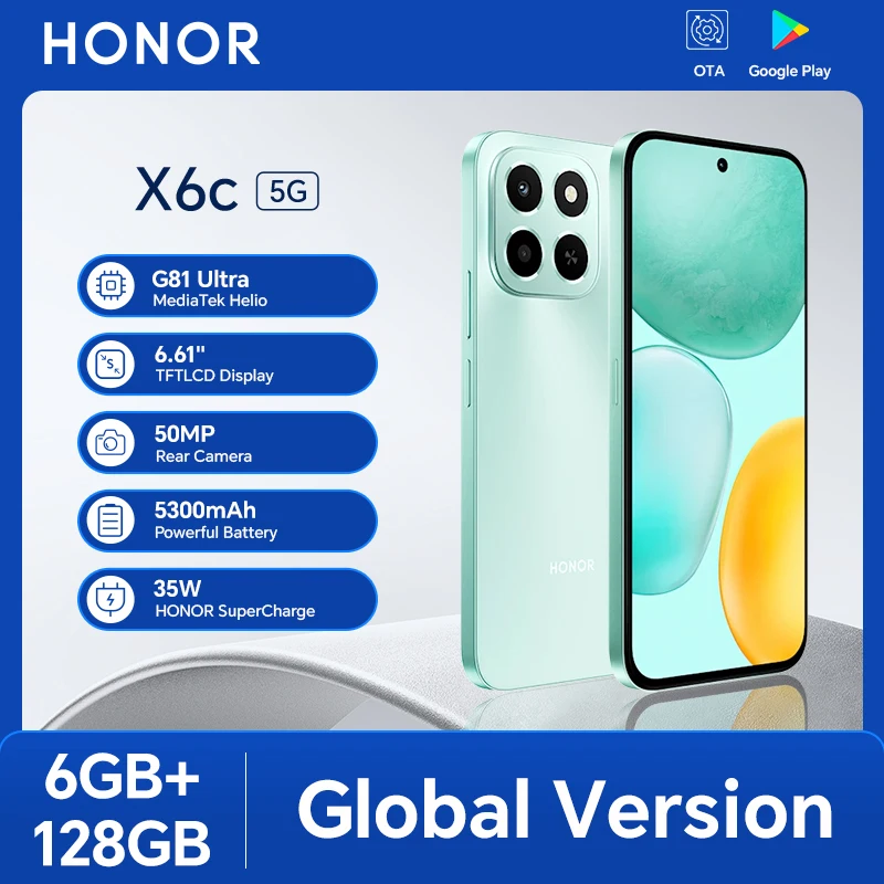 Smartphone HONOR X6c Versi Global Baru Layar TFTLCD 6.61'' 120hz Kamera Utama 50MP Baterai 5300mAh SuperCharge 35W Kartu SD MagicOS 9.0