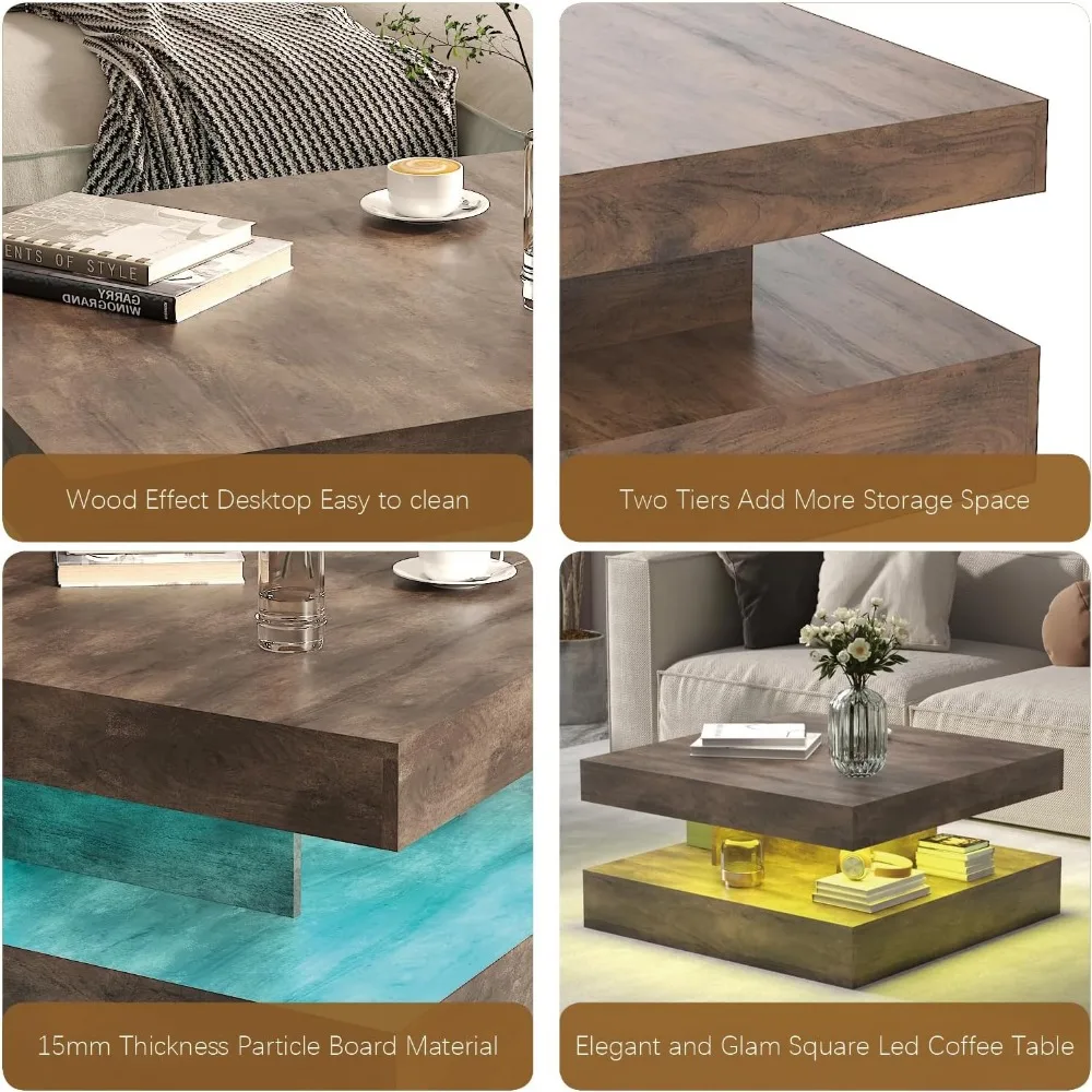 Nowoczesny stolik kawowy do salonu, dwupoziomowy kwadratowy stolik centralny o współczesnym designie, stylowe meble do salonu