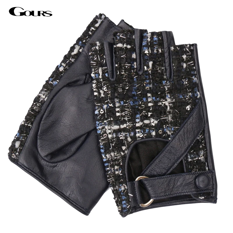 Gours Fall and Winter Women's Genuine Leather Gloves Light Grey Navy Blue Goatskin Fingerless Gloves New Fashion GSL030