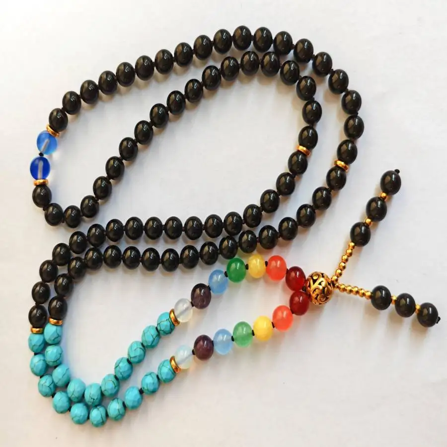 

Natural Black Obsidian 108 Beads Mala Necklace with 7 Chakra & Turquoise Spiritual Jewelry