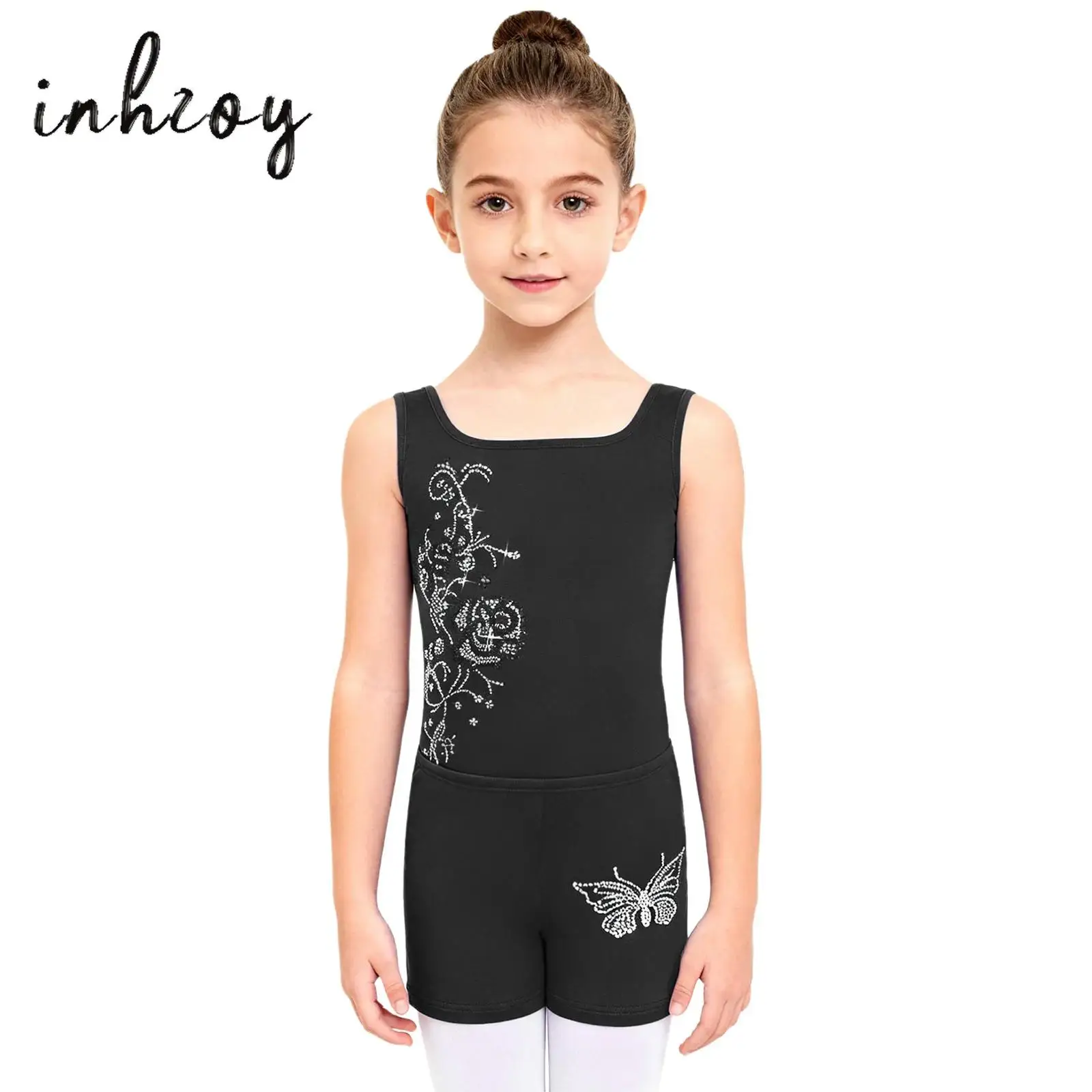 

2Pcs/Set Kids Girls Gymnastics Figure Skating Dance Outfit Thin Fleece Lined Shiny Rhinestone Flower Sleeveless Leotard+Shorts