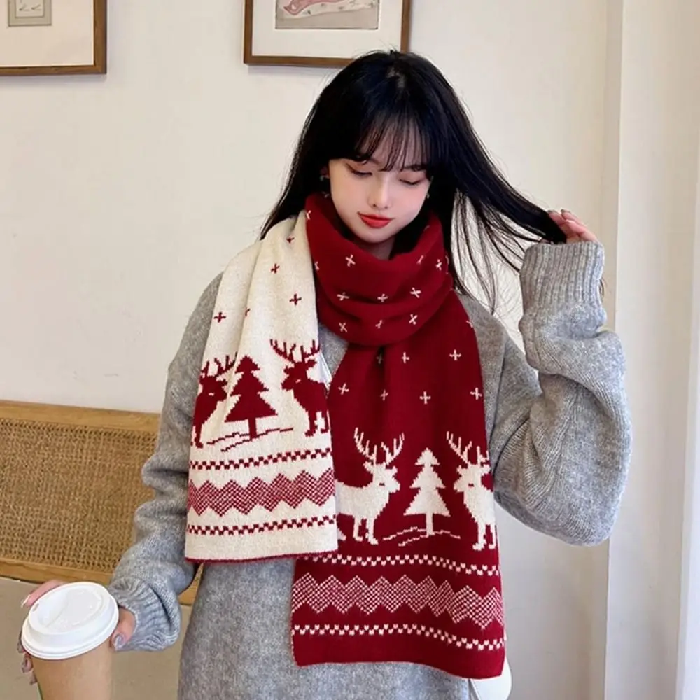 Fashion Christmas Pattern Long Scarf Printed Snowflake Winter Warm Red Scarf Knitted Double-sided Couple Shawl Gift for Outdoor