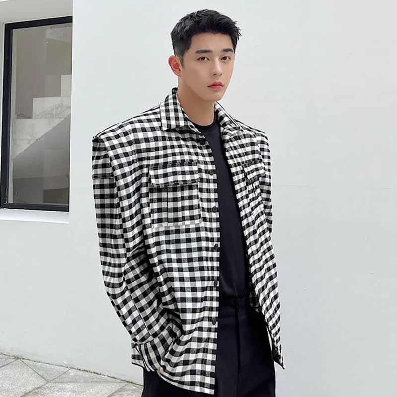 Spring 2022 Design Short Coat For Men Personalized Three-dimensional Wide Shoulder Pad Plaid Long Sleeve Thin Jacket 2Y2182