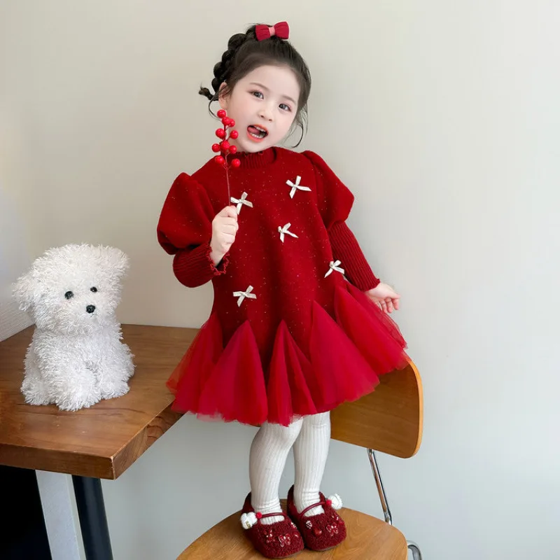 Girls' Fleece-Lined Bowknot Christmas Dress Set Winter2025New style princess dress for little girls