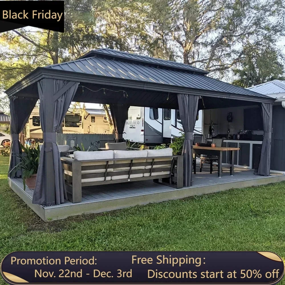 12' X 20'Permanent Hardtop Gazebo with Galvanized Steel Double Roof for Patio Lawn and Garden, Curtains and Netting Included