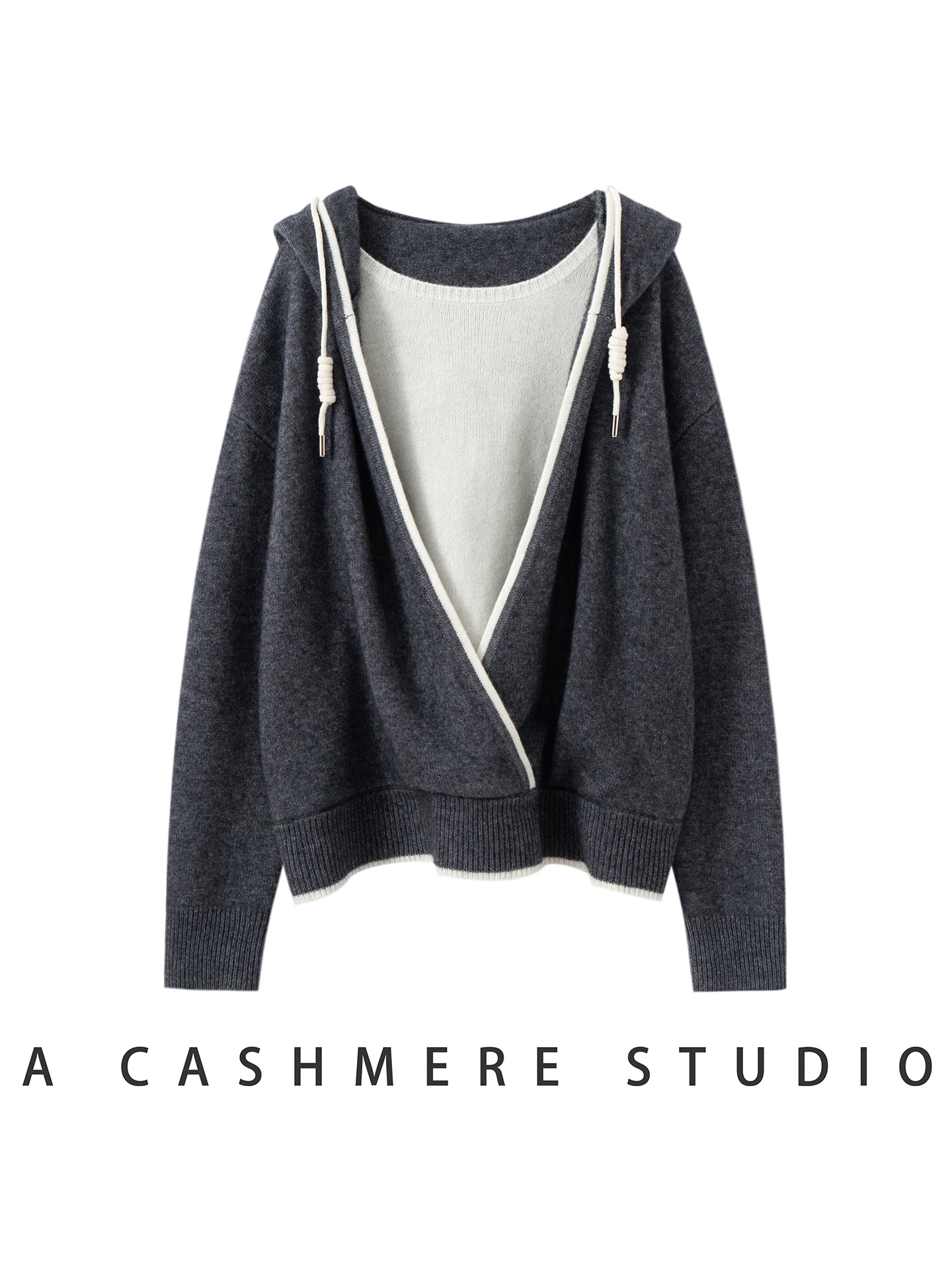 

TLOML Высокое качество женский 100% кашемировый свитер ложный двухсекционный пуловер с капюшоном повседневный трикотаж осень зима удобные утепленные топы