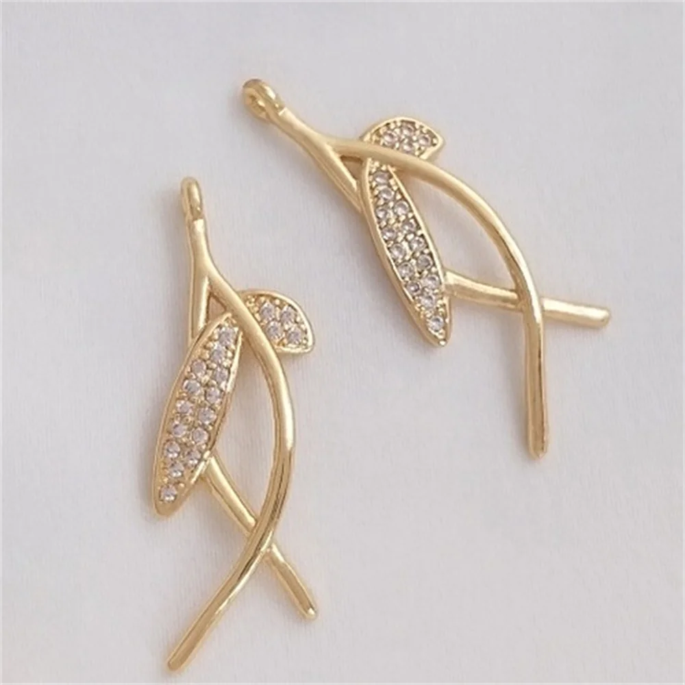 14K Gold Micro Inlaid Zircon Branch and Leaf Pendant DIY Handmade Earrings Ear Accessories, Hairpin Pendants K202