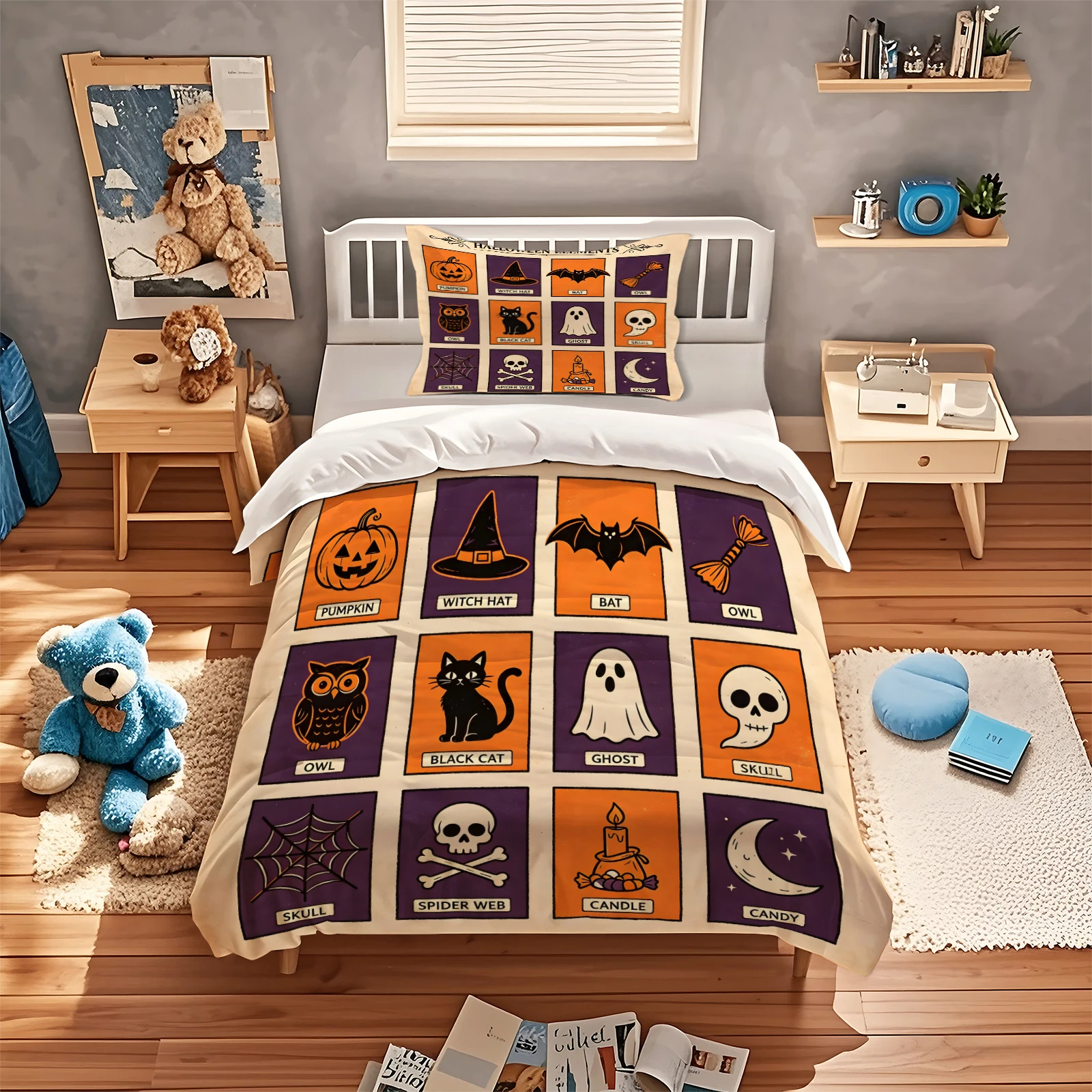 Orange Classic Halloween Duvet Cover Set Vintage Pumpkin Ghost Black Cat Bedding Set Retro Tarot Style Quilt Cover Pillowcase