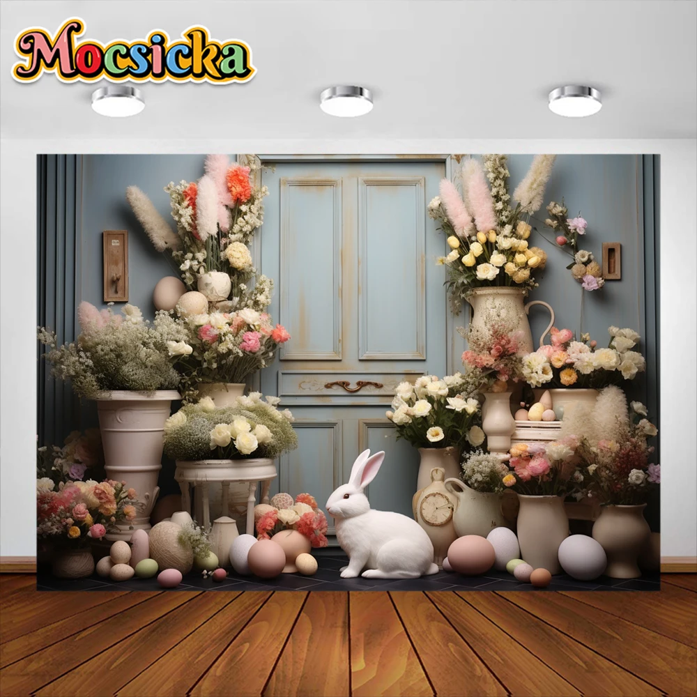 Spring Photography Background Easter Bunny Eggs Garden Flowers Kids Birthday Party Portrait Decor Backdrop Photo Studio Banner