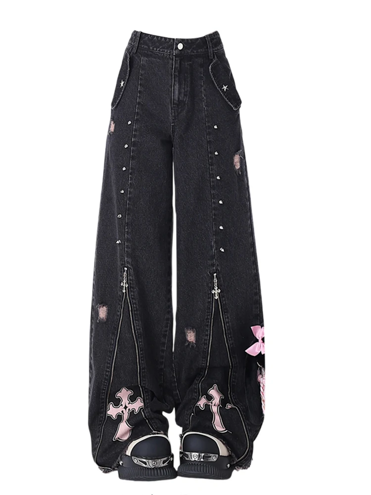 Calças jeans góticas para mulheres, Academia escura, calças grunge chiques, Harajuku, streetwear japonês, Gothic Core Trashy, Y2K Baggy, Harajuku, anos 2000