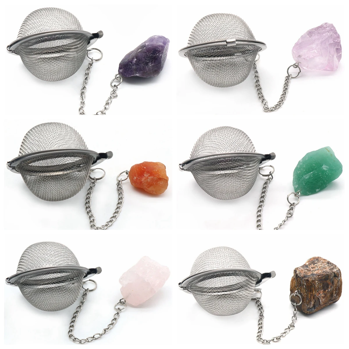 Raw Crystal Tea Infuser Mesh Strainer with Extended Chain Gemstne Moon Key Rings Hook Stainless Steel Energy Trays Shaker