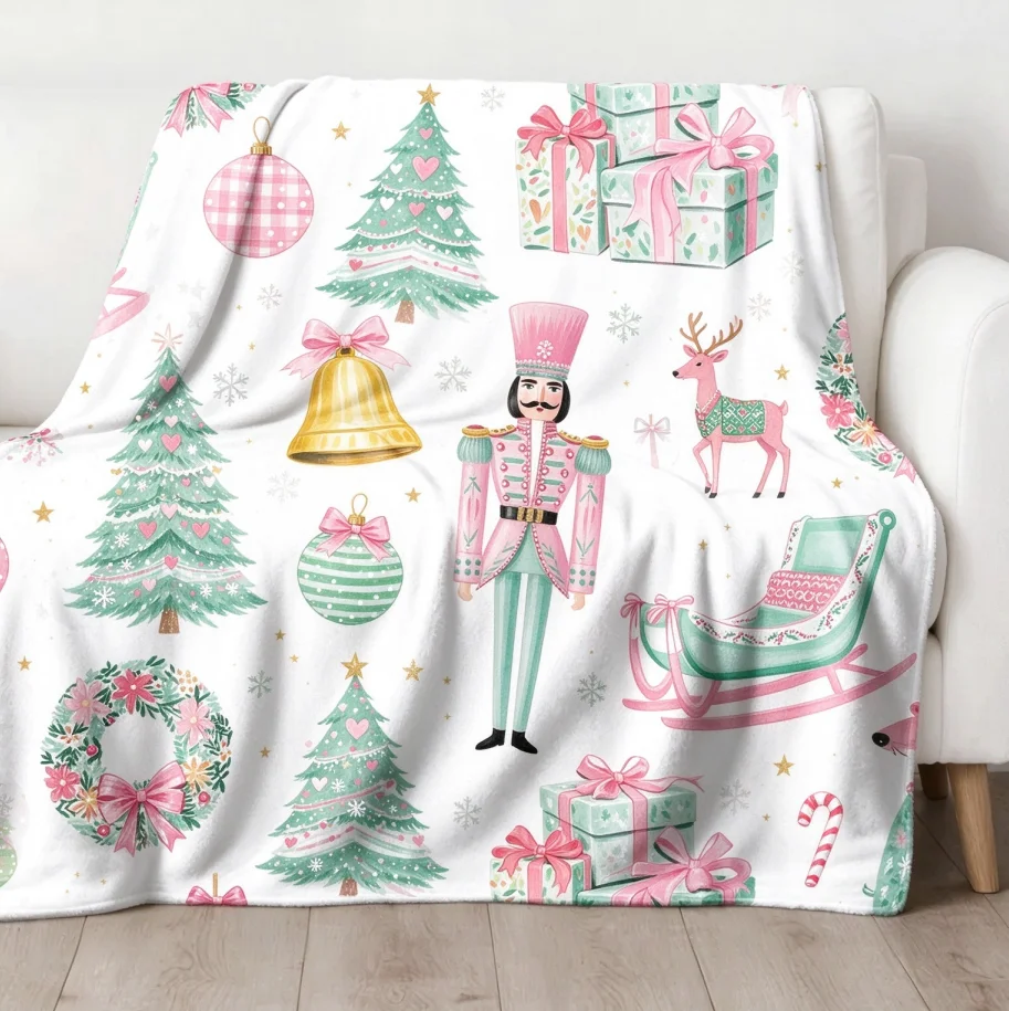 Preppy Aesthetic Chinoiserie Pink Christmas Blanket, Trendy Nutcracker Ballet Holiday Throw, Elegant Ballerina Winter Blanket, Stylish Christmas Home Decor, Unique Nutcracker Ballet Gift for Her