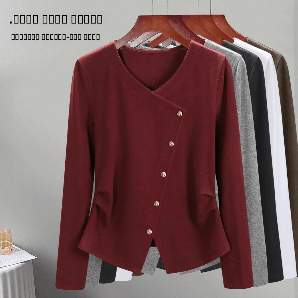 

Women's ort Sve T-irt V-Ne Cross Design Color Base irt Inner Wear Asymmetrical Hemline Waist-Cinching Top