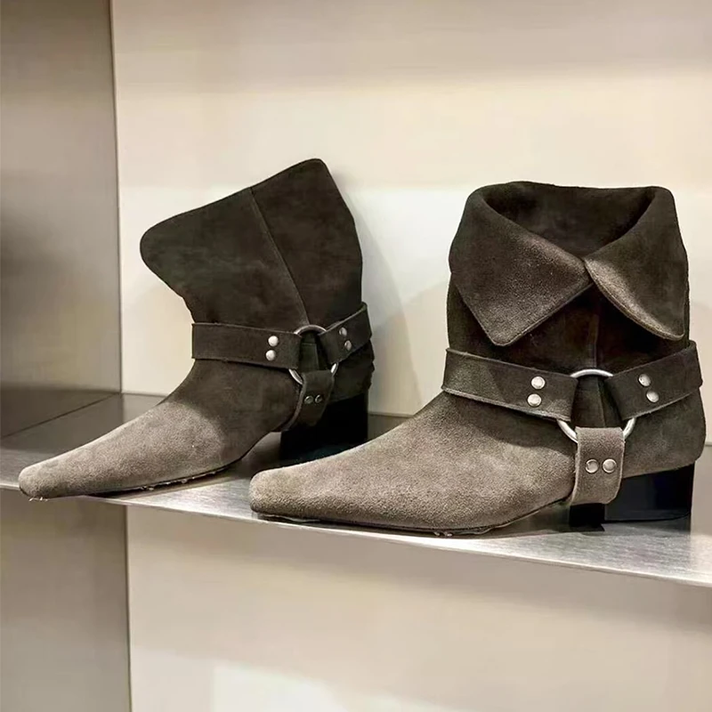 

Designer Heeled Women's Boots Square Toe Shoes Chelsea Boots 2025 Winter Trend Chunky Suede Shoes Buckle Warm Snow Botas Mujer