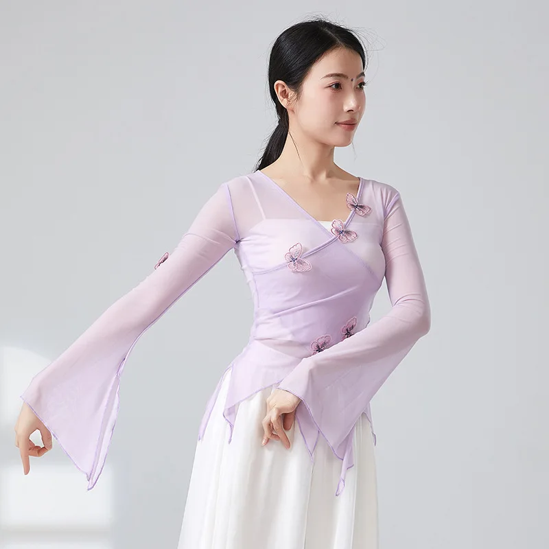 Haut en gaze décoré papillon pour femme, chemise en maille transparente, manches longues, élégant, classique, vêtements de danse folklorique