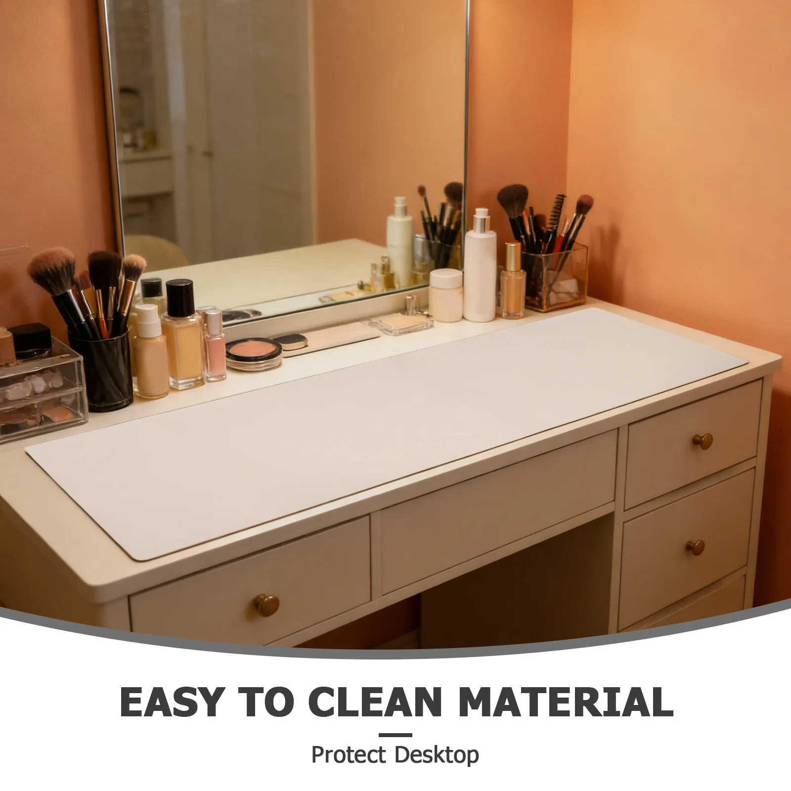 Waterproof Vanity Desk Mat 40x120cm Beige Nonslip Makeup Station Protector Dust Resistant Easy Wipe Clean for Bedroom Office