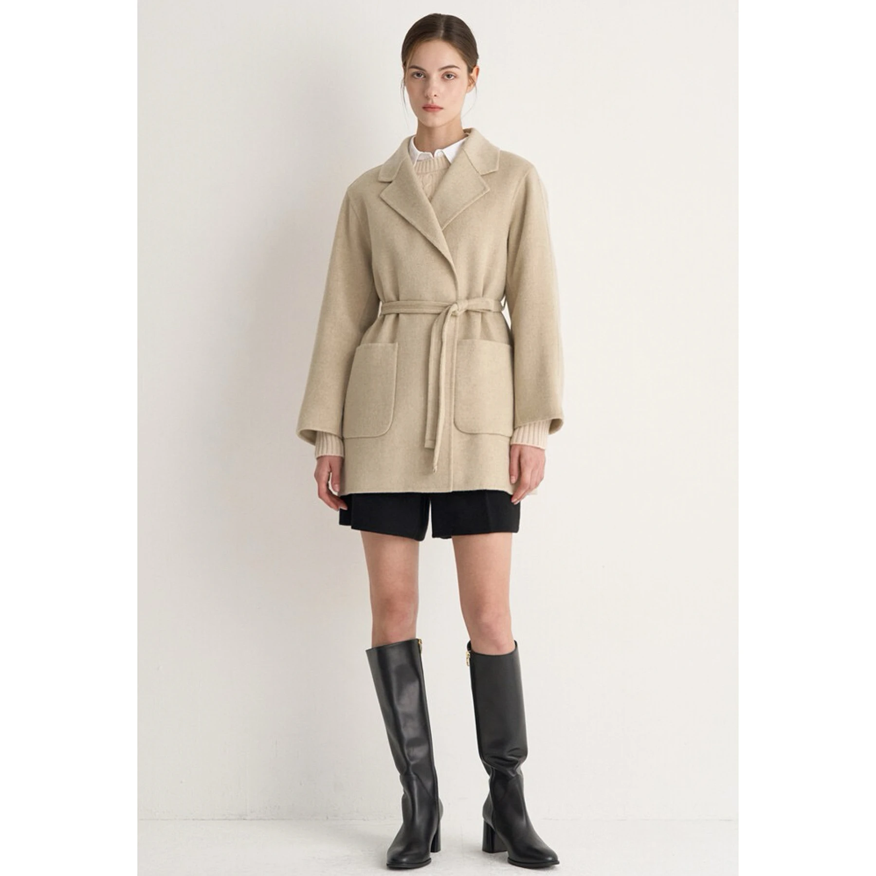 

Double-Faced Hand-Stitched Wool Camere Coat Lemon Cheese MIN25 Winter Notch Collar Belted Versatile Commute Straight Leg