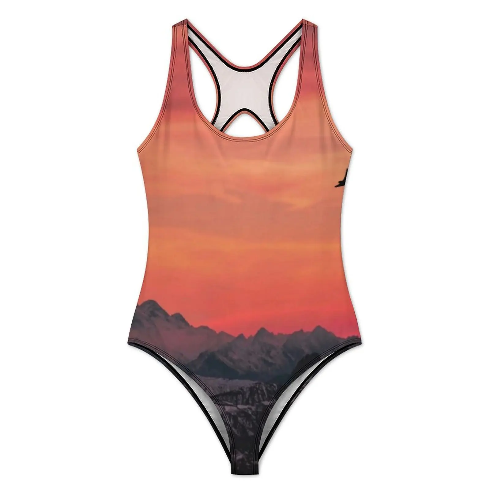 Mountain Print Swimsuit Orange Sunset One Piece Swimwear Push Up Stylish Bathing Suits Sexy Holiday Surf Design Beachwear