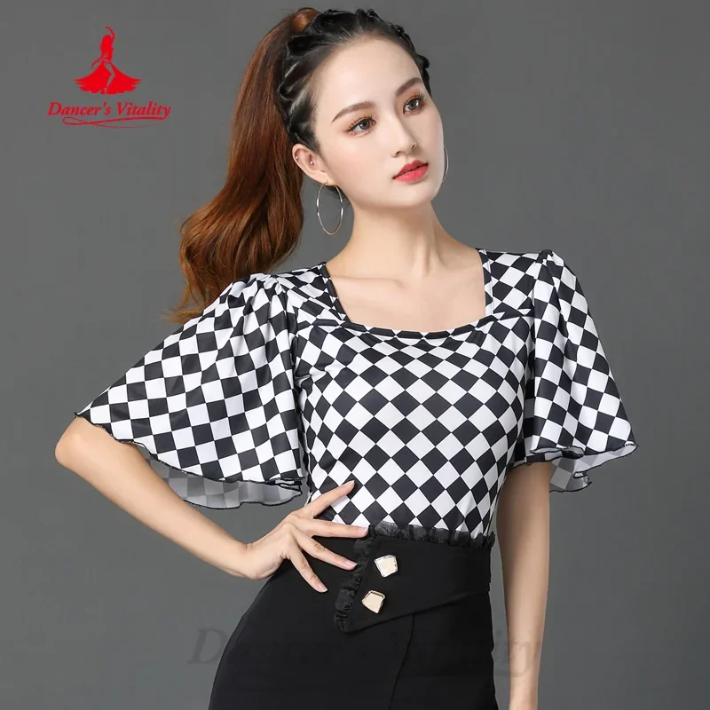 Latin Dance Practice Costumes Customized Horn Sleeves Half Sleeves Black and White Plaid Top Tango Chacha Performance Clothing