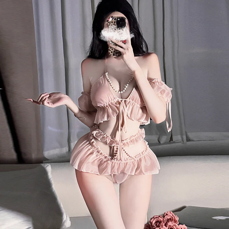 Nueva lencería Sexy para mujer, camisola de encaje Sexy, falda que abraza la cadera, camisón, uniforme tentación, pijamas de tres puntos, lencería erótica