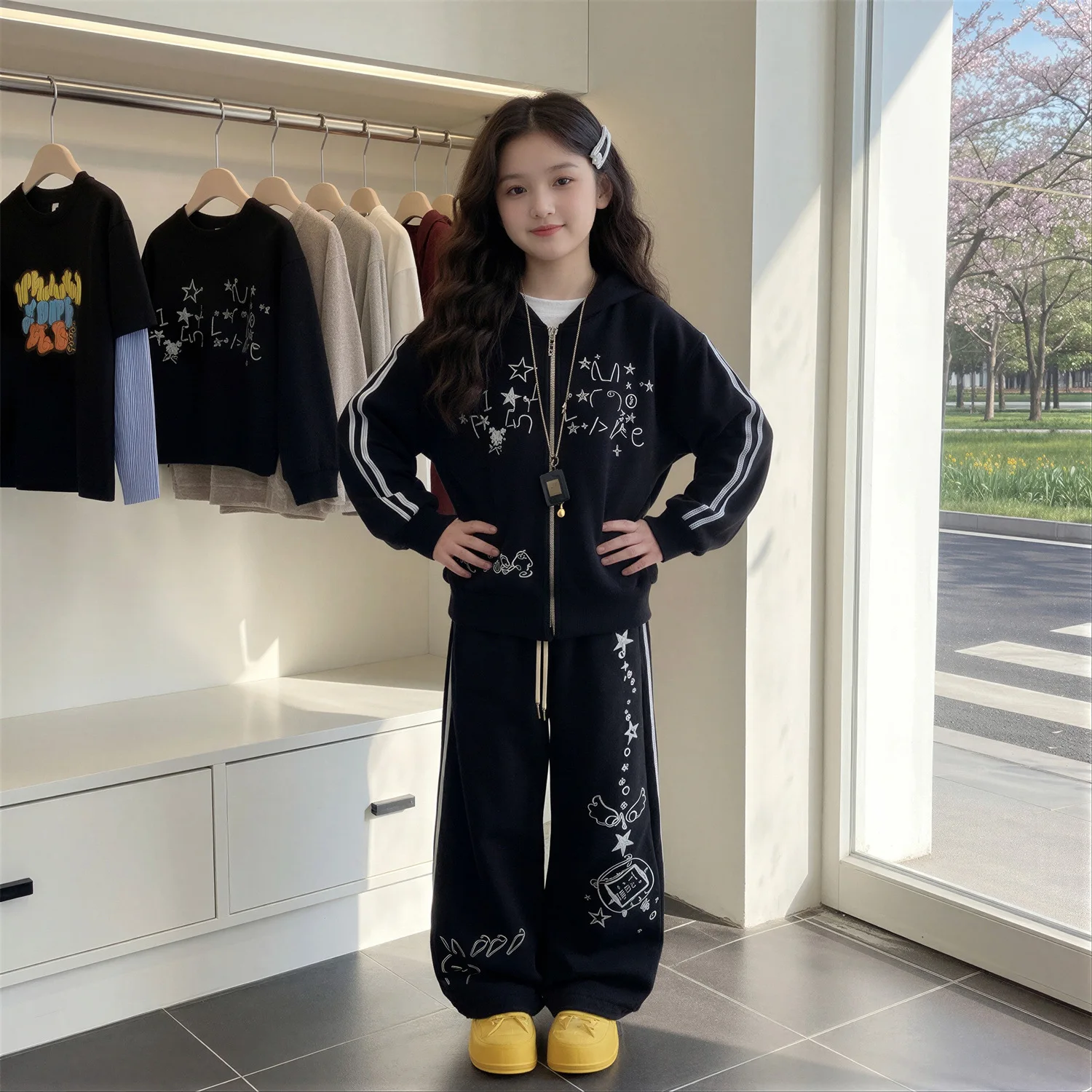 2026 Autumn Winter Girls Teenager Clothes Children Set Striped Hooded STAR  Top + Wide Leg Pant Tracksuit 4 To 8 10 12 14 Years