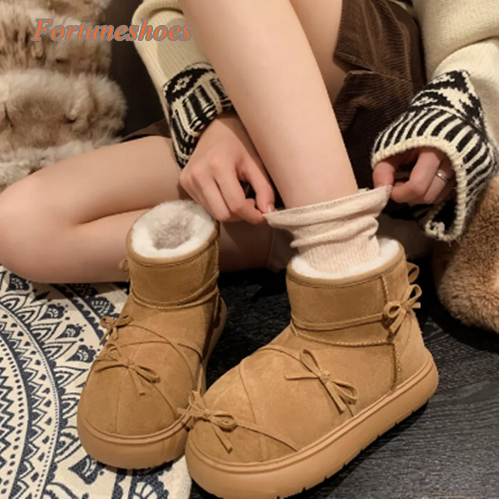 

Round Toe Butterfly Knot Boots Height Increasing Flat with Slip On Solid Women Boots 2025 New Winter Fashion Casual Snow Boots