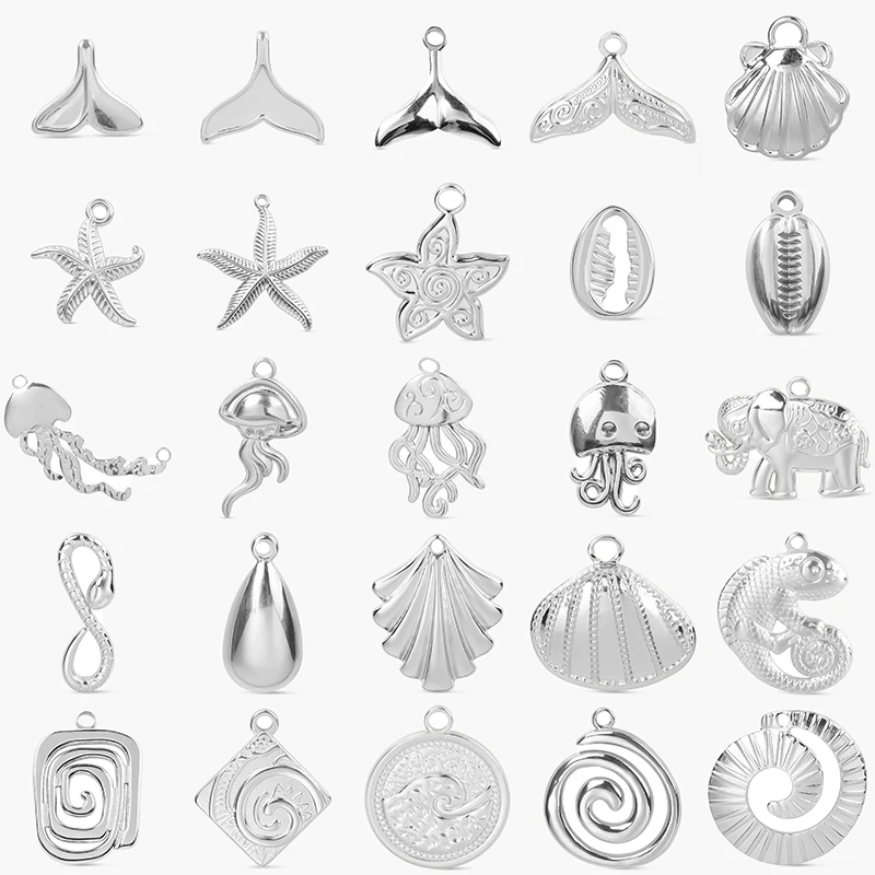 6pcs No Fade Sea Wave Shell Marine Organism Stainless Steel Charms For Jewelry Making Supplies DIY Women Men Pendant Waterproof