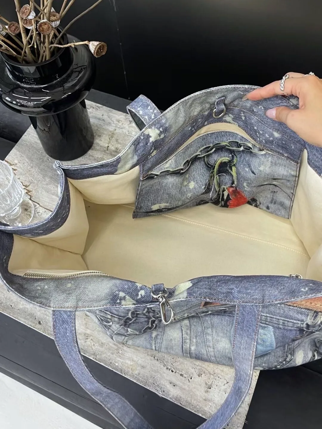 

iPinee Retro Denim Print Large Capaci Tote oulder Bag Contrast Color Design Casual Vintage Handbag for Youth op