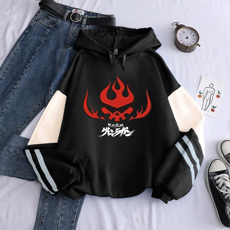 Anime Tengen Toppa Gurren Lagann Letter Hoodies Harajuku Flaming Skull Red Graphic Autumn Winter Warm Patchwork Sweatshirts