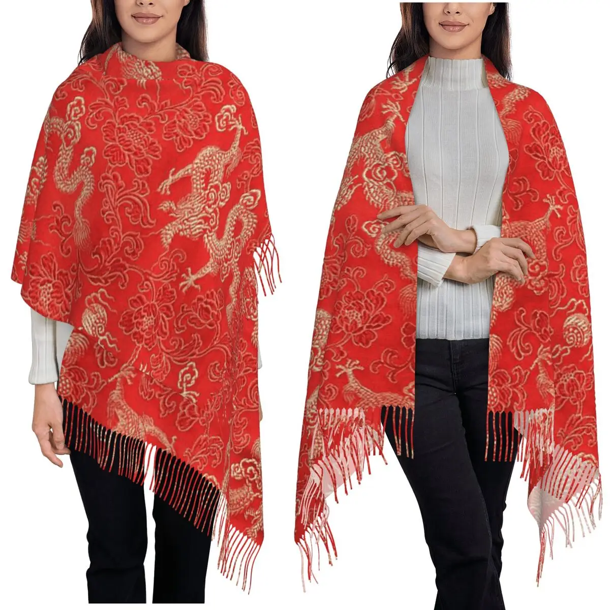 

Шарф с китайским драконом, шарфы с кисточками для женщин, мягкие теплые шали и накидки, большая осенне-зимняя шаль