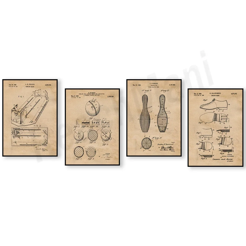 Vintage, bowling pin, bowling patent poster wall art decoration canvas painting picture vintage poster and coach sports team gif