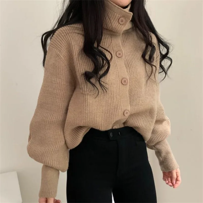 Korean Autumn Winter Women\'s Cardigan Sweater Temperament High Collar Lapel Single-breasted Sweaters Simple Loose Knit Coats Top