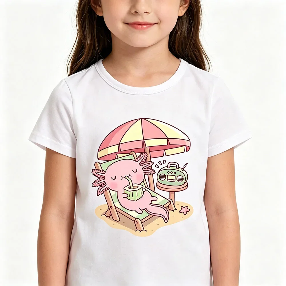 Camiseta bonita de Axolotl para niños, 100% algodón, manga corta, camisetas de verano con estampado divertido, camisetas para niños y niñas que beben agua de coco en la playa