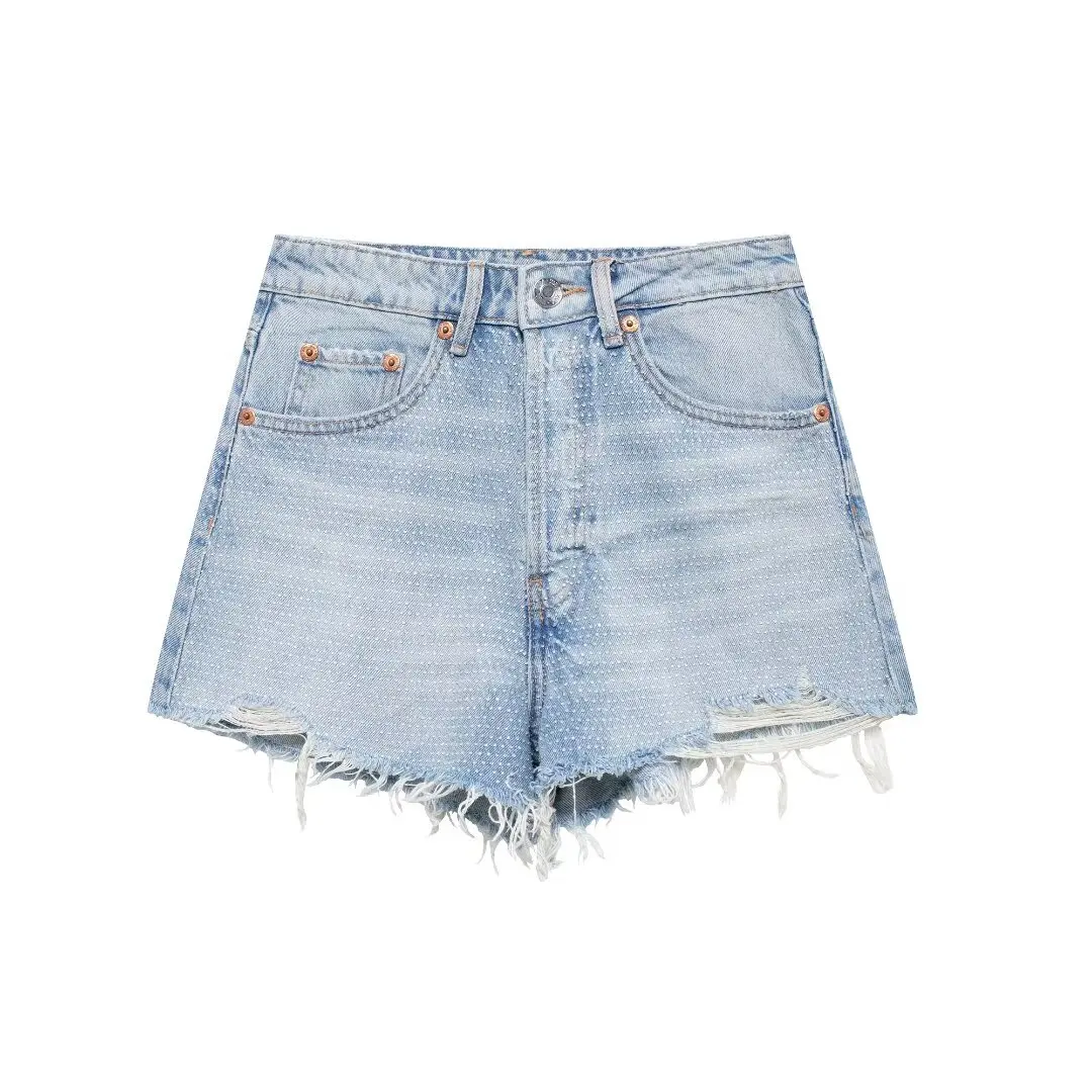 Women's 2024 New Chic Fashion Casual Rhinestone Decorative Raw Edge Denim Shorts Retro High Waist Zipper Women's Shorts Mujer