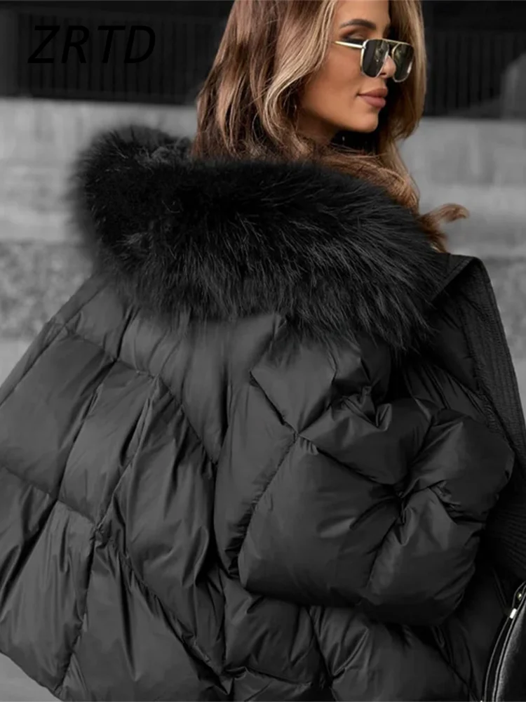 

Loose Zipper Full Sleeve Pockets Warm Coats 2025 Lady Solid Quilted Down Jacket Fashion Women's Winter Jackets With Fur Hood