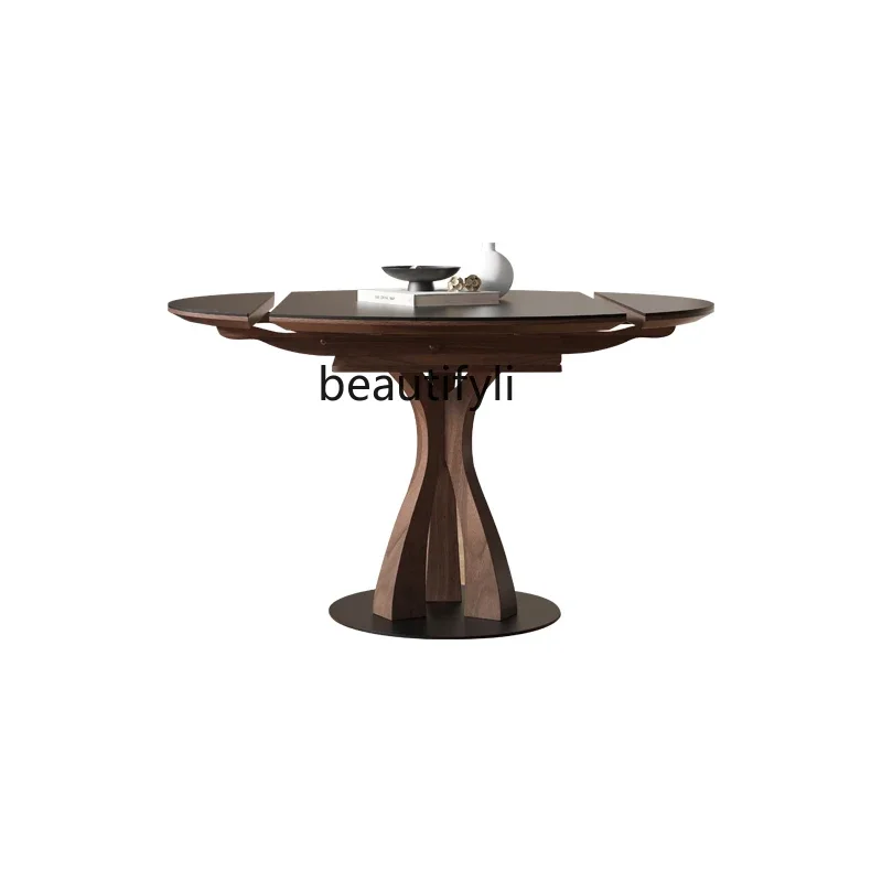 

lBlack walnut retractable round retro square and round dual-purpose solid wood rock slab dining table