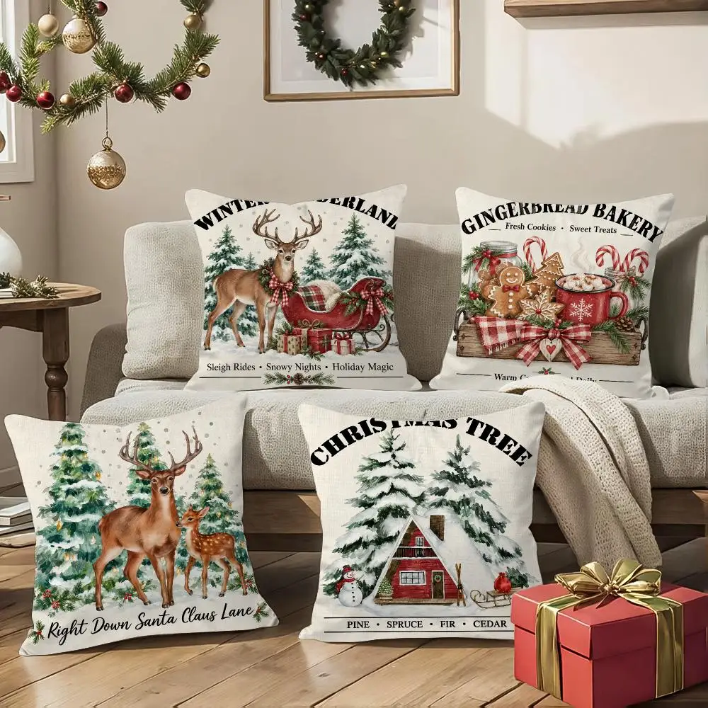 Christmas Deer Cookis Cushion Cover Square Decorative Sofa Pillow Case Bedroom Living Room Home Decor Gift