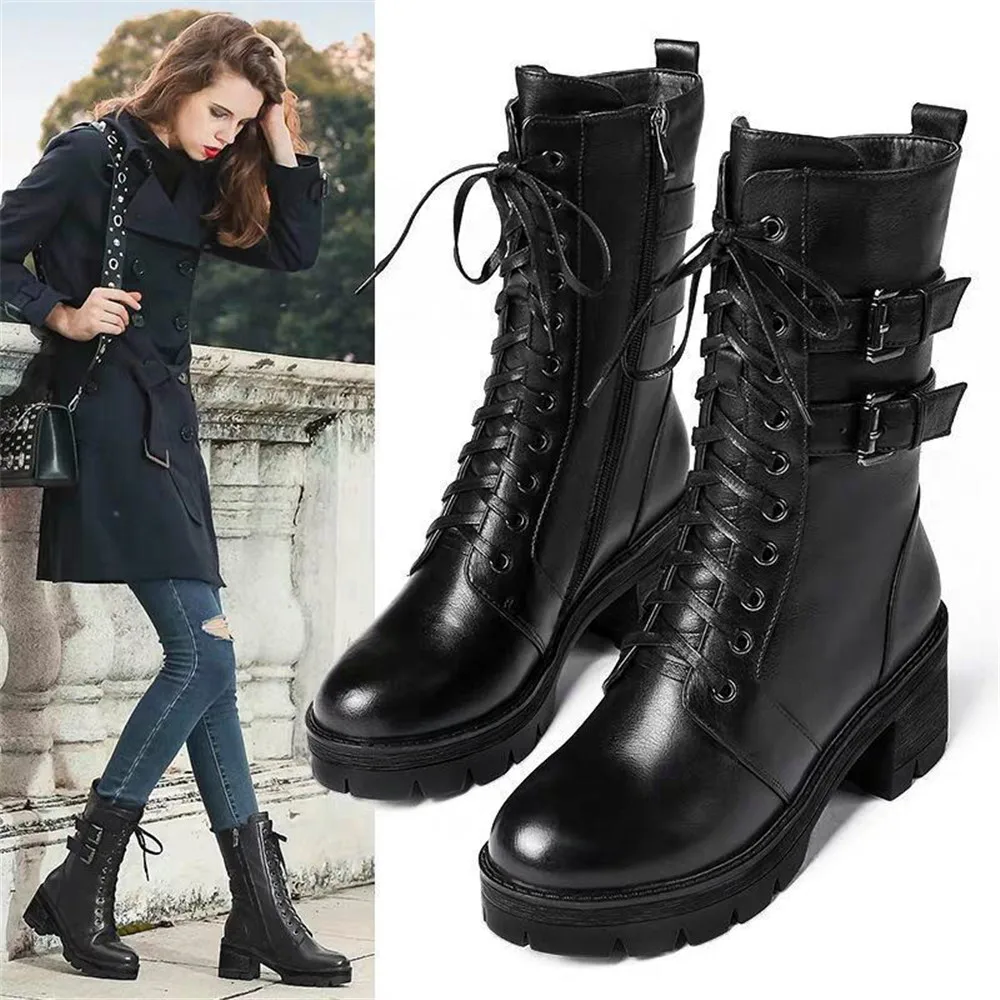 New women\'s Autumn Winter Plush Motorcycle Boots Female Thick Heel Mid Calf Student  British Style Korean Buckle Leather Shoes