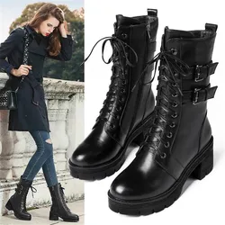 New women's Autumn Winter Plush Motorcycle Boots Female Thick Heel Mid Calf Student  British Style Korean Buckle Leather Shoes