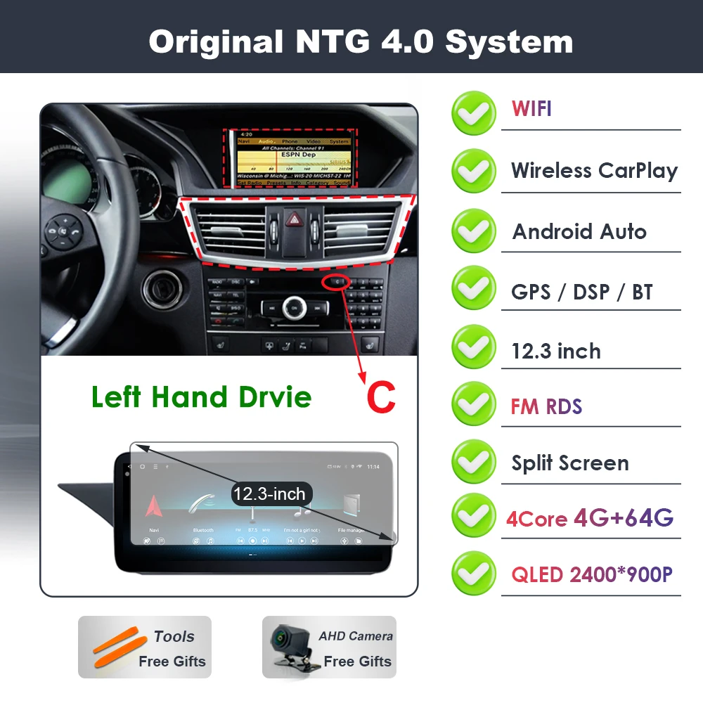 Draadloze Carplay voor Mercedes Benz E-Klasse W212 2009-2015 Android 16 autoradio video DSP stereo GPS QLED touchscreen 4G WiFi BT