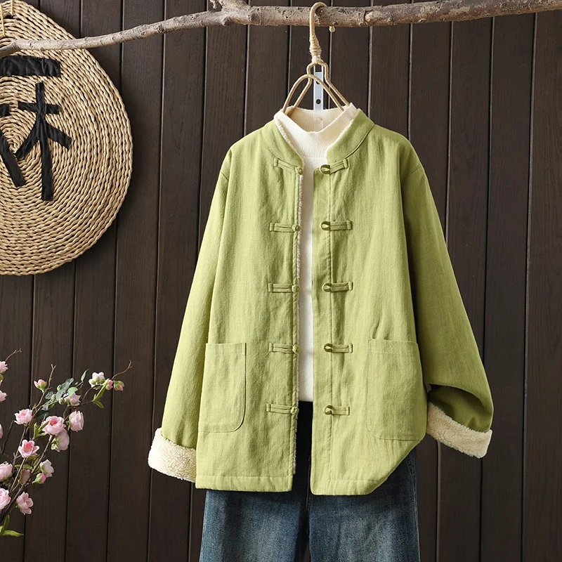 

Thickened Warm Lamb Fur Jacket Loose Fit Cotton Coat Stand Collar Chinese Style Anti-Aging Outerwear Commute Fashion