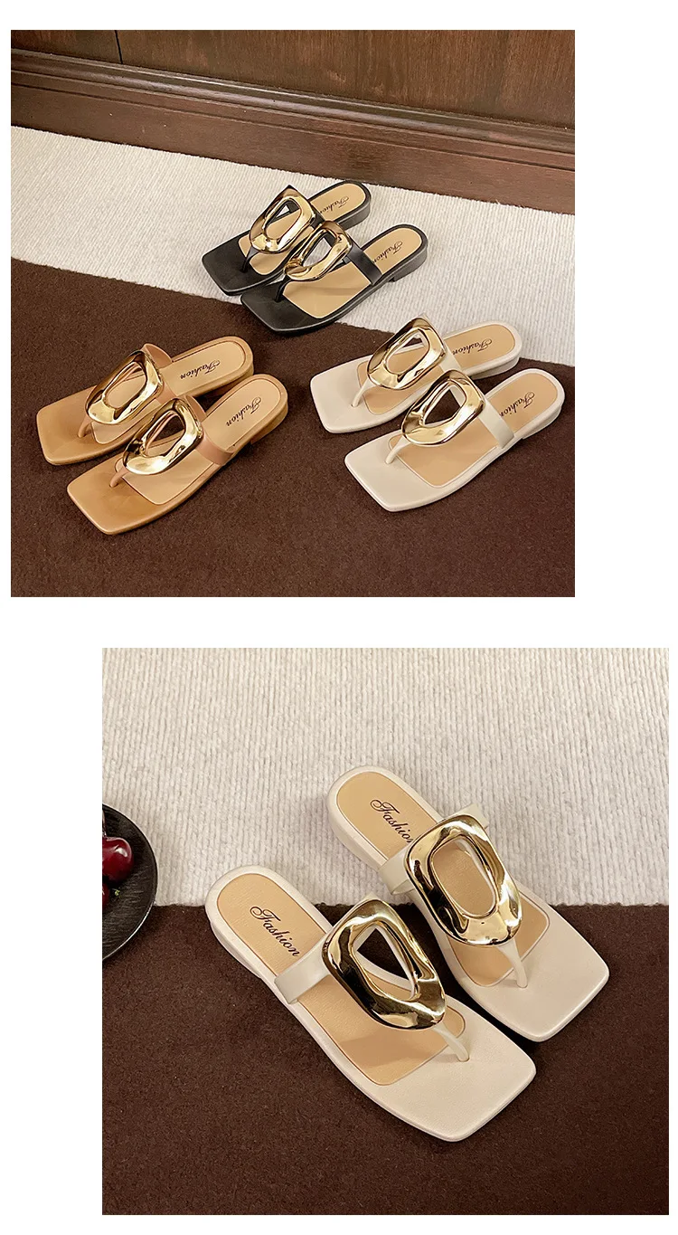 2026 Neue Damen-Flip-Flops mit eckiger offener Zehenpartie, einfarbig, vielseitig, mit Clip-Zehenriemen, flache Sandalen mit Metallschnalle für Damen – Detail 14