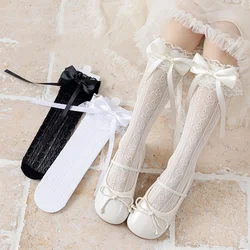 1 Pair Summer Kids  Girl Sock Retro Sweet Princess Bow Calf Sock for Children Girl Cute Soft Breathable Ribbon Lace Pile Sock