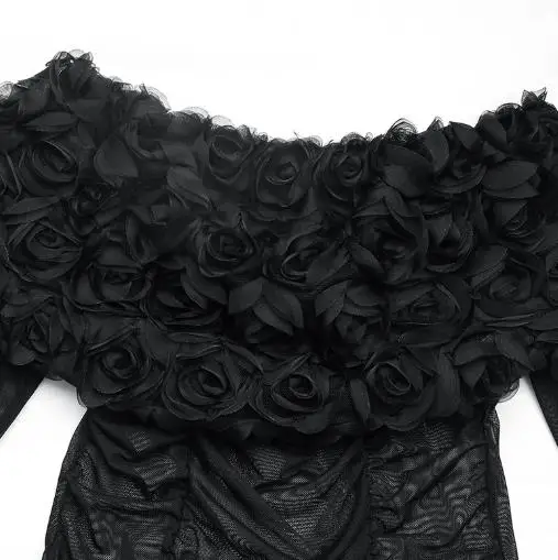 2025 جديد طويل الأكمام حفلة فتاة حار مثير منظور شبكة قبالة الكتف ثلاثية الأبعاد زهرة بلون ضيق بذلة